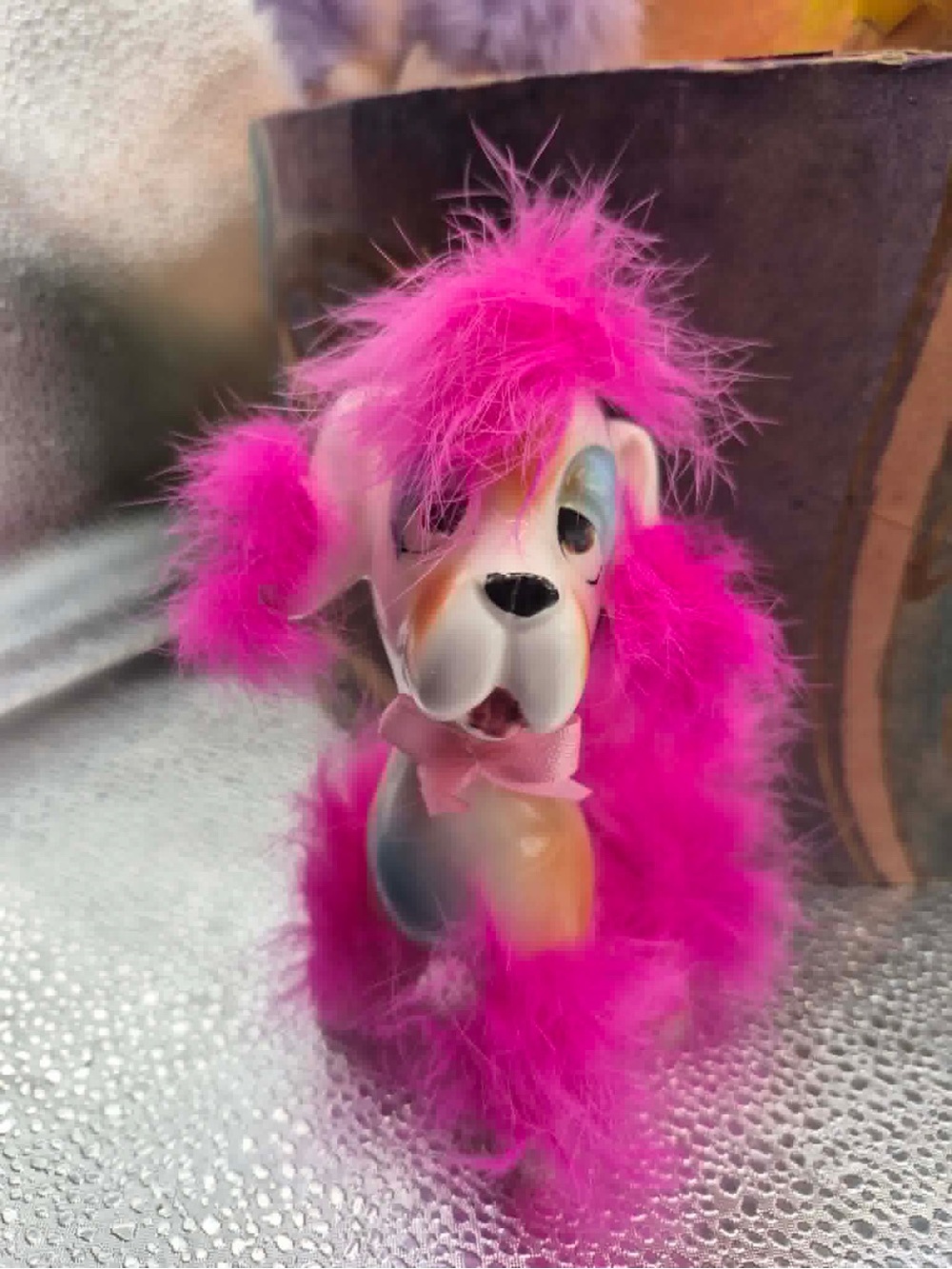 RARE MCM Kitsch Dog Figurine with HOT PINK Fur Anthropomorphic Kitschy Japan